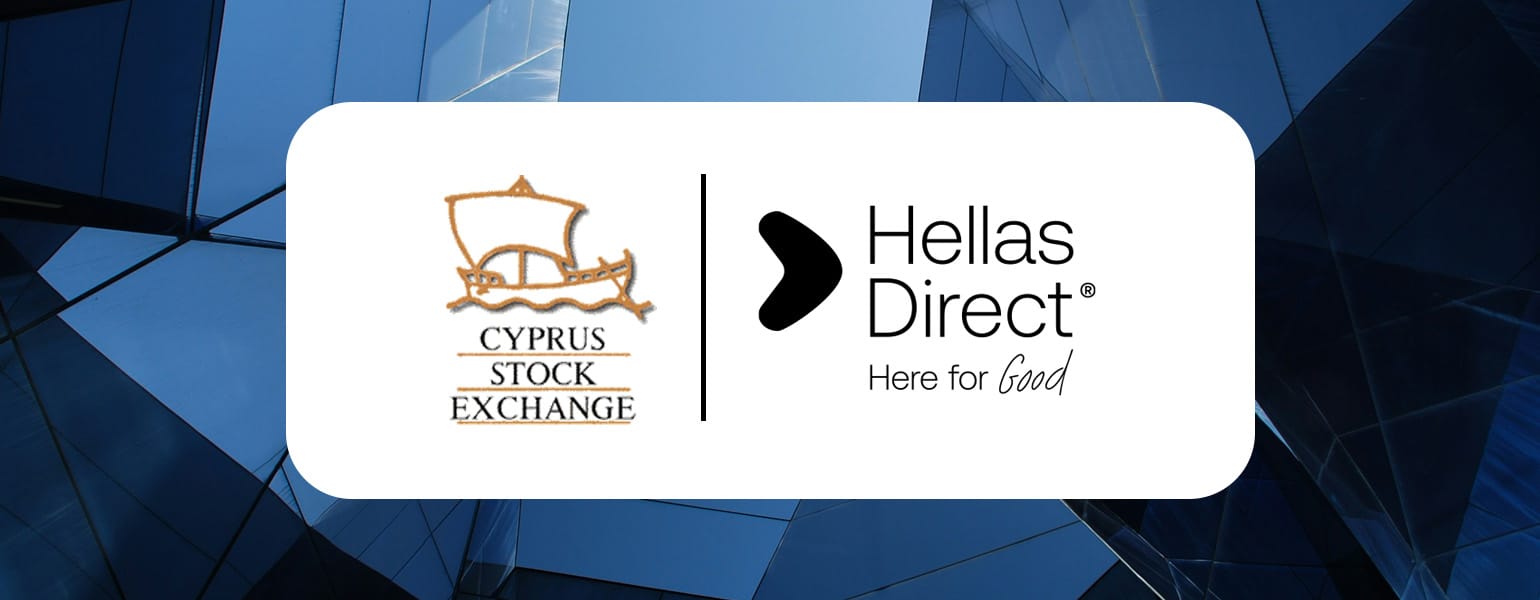 picture synthesis with a background of skyscraper windows and two logos in front. Cyprus stock exchange and Hellas Direct